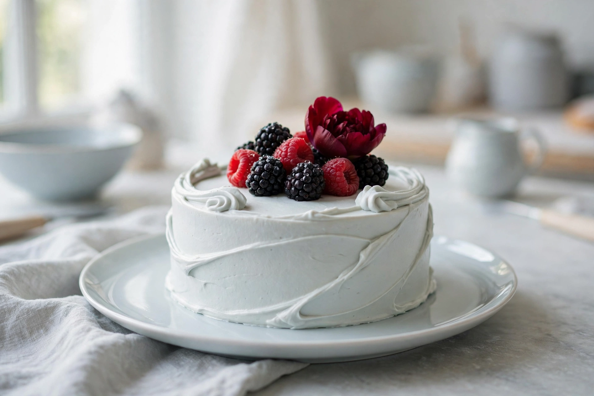 Celebration cake topped with fresh raspberries, blackberries and cream