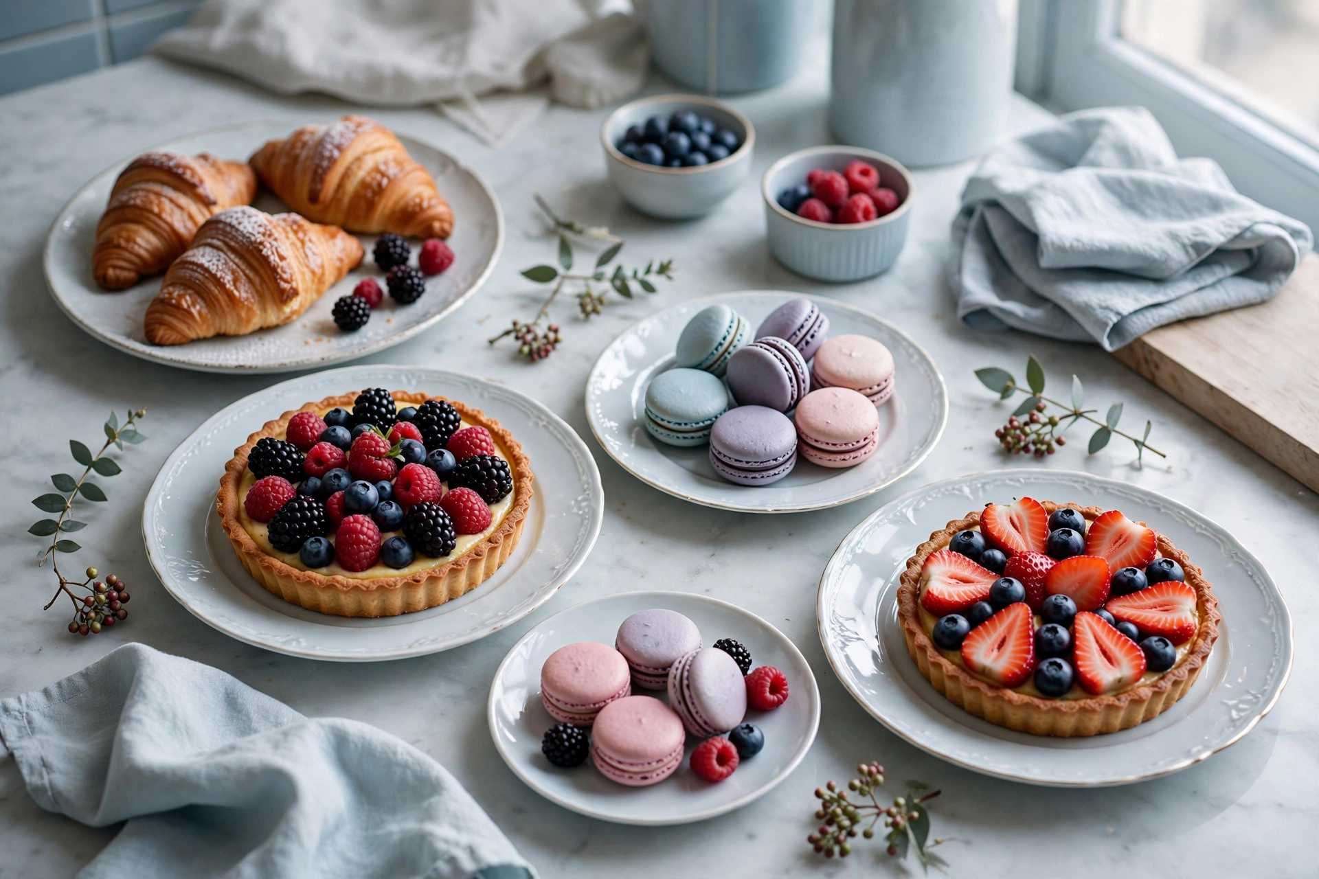 Assortment of French pastries, fruit tarts and macarons on porcelain plates