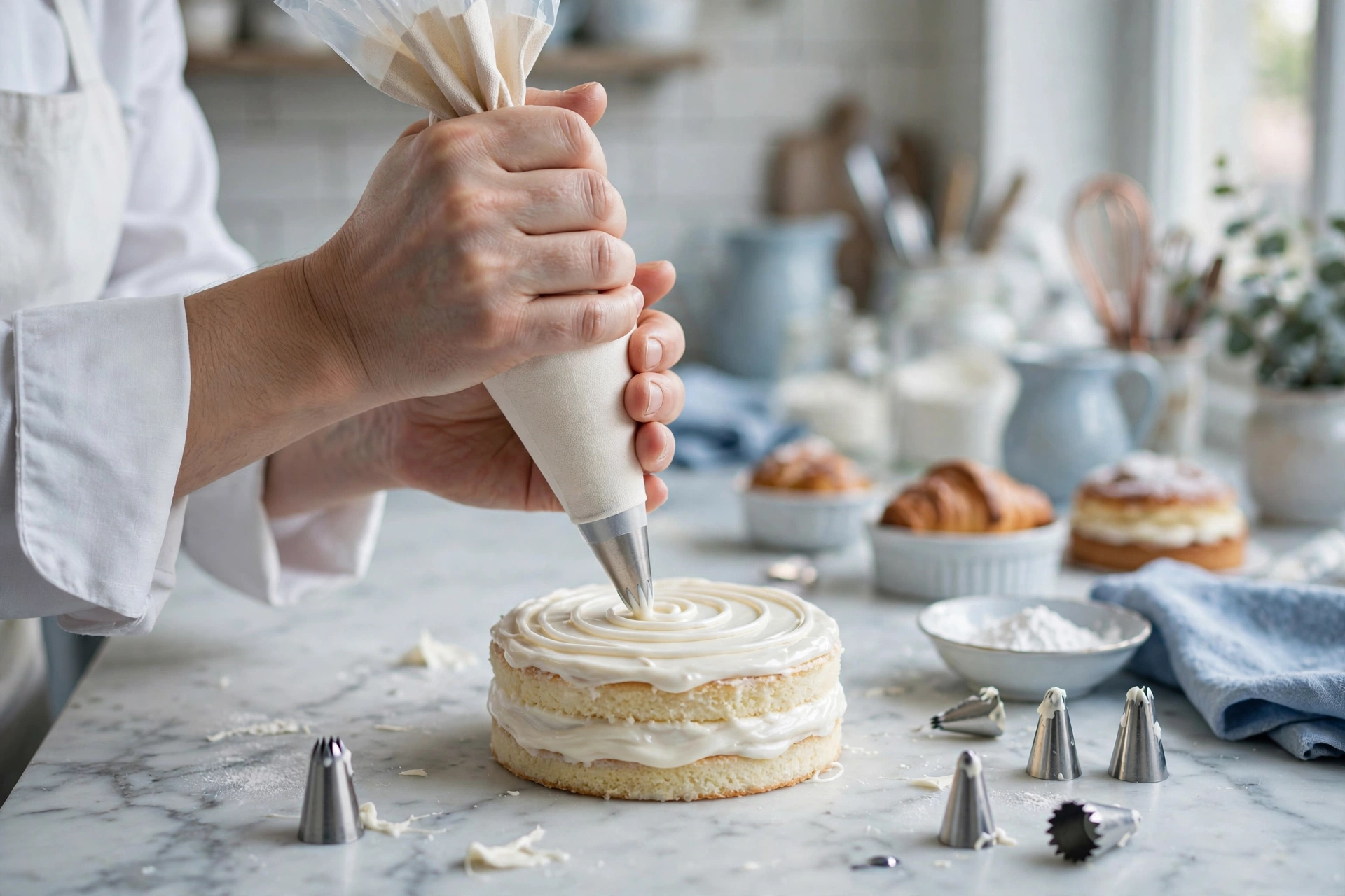 Pastry chef piping a cake by hand in the Tustin atelier