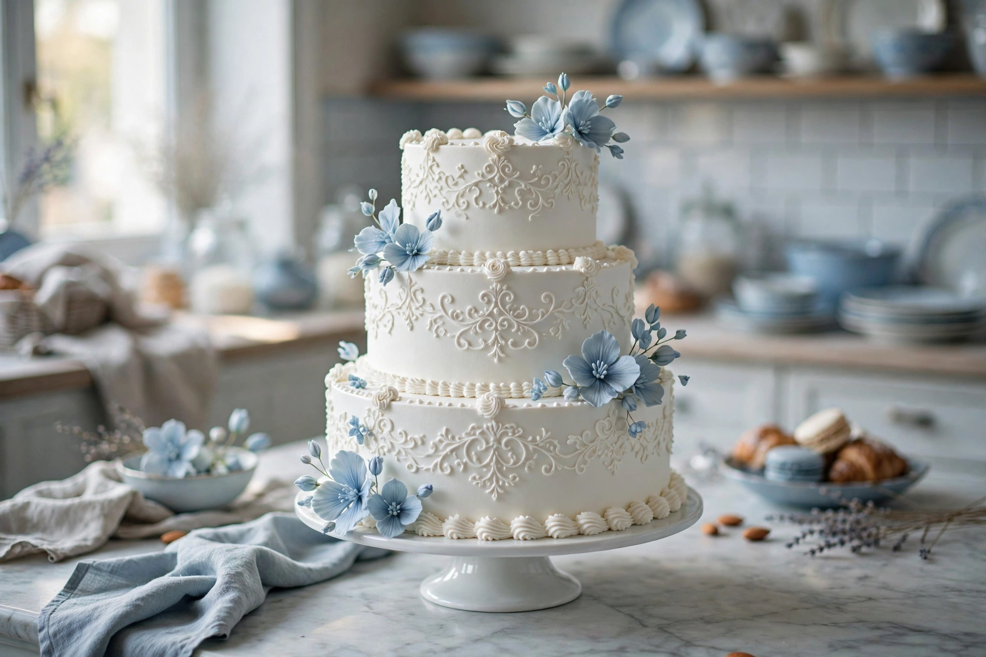 Three-tier white wedding cake with hand-piped details and porcelain-blue sugar flowers